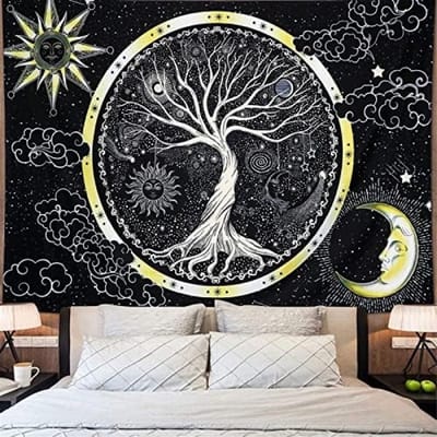 PromoHome Psychedelische Maan en Zon Wandtapijt Levensboom Design Zwart-Wit Mandala Muurdecoratie Hippie Stijl Slaapkamer Decor 130x150 cm