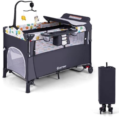 COSTWAY 5-in-1 babybed 120 x 60 cm, 2 niveaus reisbed met matras, aankleedkussen, speelgoed, muziekbox en draagtas, opvouwbaar bijzetbed mobiel 4-traps verstelbaar voor baby's tot 15 kg (zwart)
