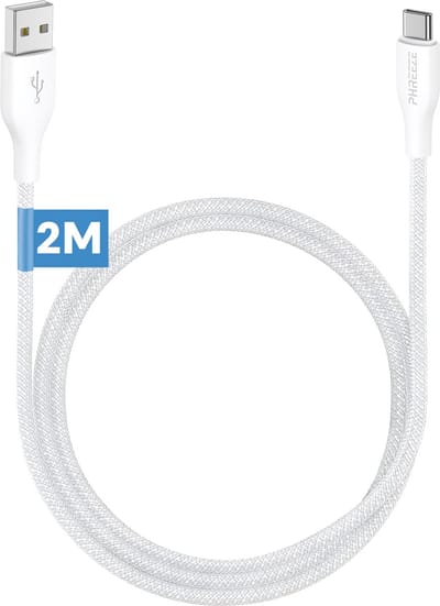 Stevige usb C oplaadsnoer - Usb A naar Usb C - Nylon gevlochten - Wit - 2 meter lang