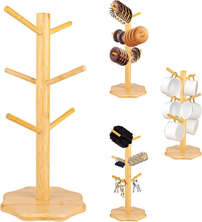 Famanu – Bamboe mokkenhouder met 6 haken – afneembare bekerboom – houten cup rack voor keuken/restaurant/bar