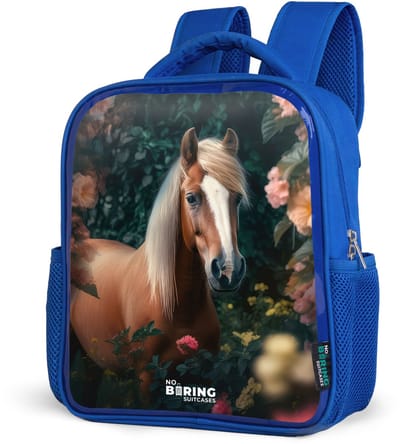 NoBoringSuitcases.com® - Rugzak blauw - Schooltas jongens - Paard - Bruin - Bloemen - Zachtroze - Kinder rugtas jongen - Boekentas kind - Kinderrugzak voor school - Schoolrugzak