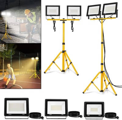 2x 200W LED Baustrahler Warmwit Met Standaard Voor Bouwwerken, Tuin, Garage - Inclusief Netkabel, Waterdicht IP66