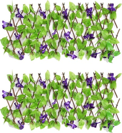 Uitbreidbare tuinbloem trellis panelen - Kunstmatige klimop hekscherm voor privacy in de tuin, 200 x 40 cm, decoratieve omheining met violette en groene muur achtergrond