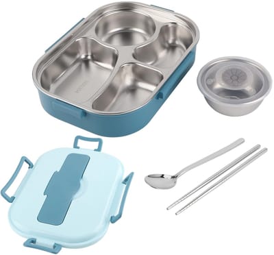 Dailygoods- Lunchbox Roestvrij Staal - Draagbare Voedselcontainer - 4 Compartimenten - Soepkom - Inclusief Lepel/Eetstokjes - Ideaal voor Werk