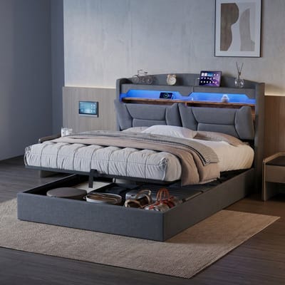 Tweepersoonsbed 140x200 – Opklapbed met Opbergruimte, LED & USB – Modern Gestoffeerd Bed