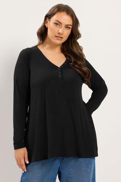 Yours Zwarte Geribbelde Henley Swing Top Size 42
