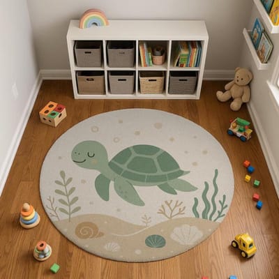 Tapis rond dessin animé tortue Mignonne tortue de mer verte avec un sourire amical Joueuse Tapis de sol sur le thème de l'océan pour chambre d'enfant Décor Éducatif 80x80cm gray