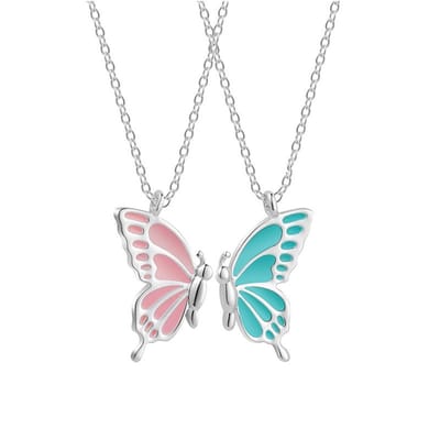 Bixorp Friends BFF Ketting voor 2 met Vlinders - Roze & Blauw aan Goudkleurig Koord - Cadeau voor Haar / Dames / Vriendin / Mama / Vrouwen- Best Friends    voor Twee