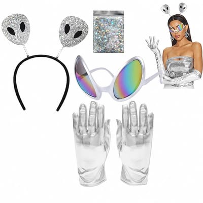 Dailygoods- Feestset 3-in-1 - Zilveren Hoofdband - Buitenaardse Zonnebril - Zilveren Handschoenen - Inclusief 10 g Glitter - Herbruikbare Accessoires - Kostuumaccessoires