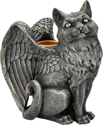 Gevleugelde kat kandelaar - Mystieke kat figuur - Sfeerverlichting creëren - Gedetailleerd handbeschilderd - 13 cm hoog - Grijs bruin