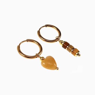 ∅16mm Oorringen met Gele Jadesteen - Verguld Stalen - Dames Oorbellen met Hart en Buis