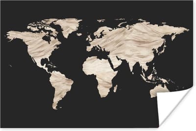 Poster 30x20 cm - Wereldkaart - Beige- Zwart - Posters - Kamer decoratie - Wanddecoratie woonkamer - Muurdecoratie slaapkamer
