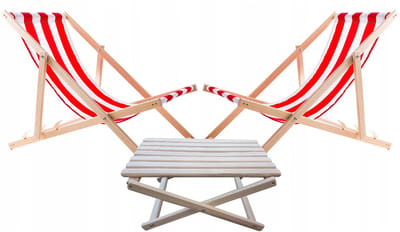 Set van 2 strandstoelen met houten tafel - rode en wit strepen
