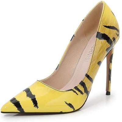 Nachtclub Hoge Hakken Schoenen Vrouwen Stiletto Pumps Puntige Neus Geprint Patent Leer Schoenen Designer Jurk Banket Feest Schoenen 38 geel