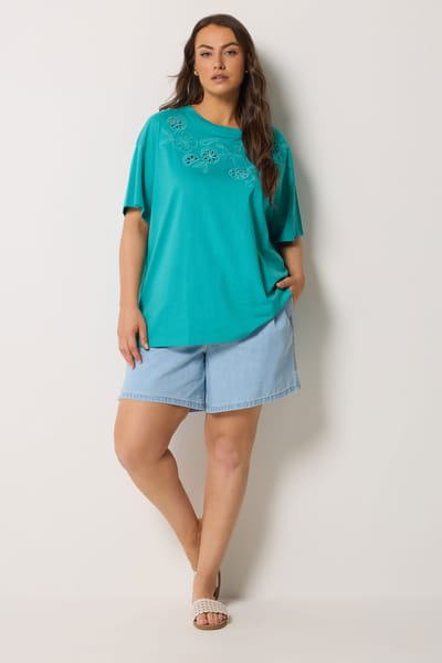 Yours Turquoise Blauw Tshirt Met Fruitborduursel Size 42