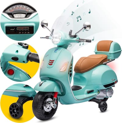 Vespa Elektrische Kinderscooter, kindermotorfiets met plastic wielen en stoel, kofferbak, MP3-speler, USD MicroSD AUX-aansluiting (Turkoois)