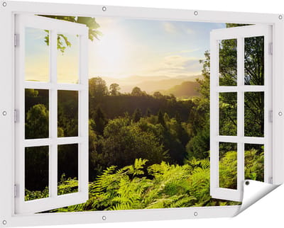 Gards Tuinposter Doorkijk Zonsondergang vanuit een Bos - 150x100 cm - Tuindoek - Tuindecoratie - Wanddecoratie buiten - Tuinschilderij