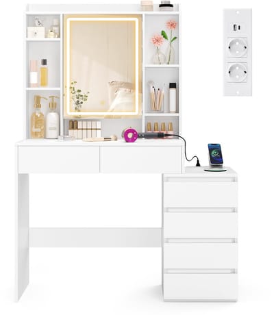 VASAGLE - Kaptafel - Kaptafel met Oplaadstation - Spiegel met LED-Verlichting - Met Lades