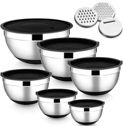 Mixing Schalen Set van 6 - RVS Saladeschalen met Luchtdichte Deksel en 3 Raspaccessoires - 4.6L/2.8L/2.5L/1.6L/1.2L/0.7L - Antislip Siliconen Basis