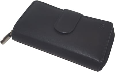 Oi zwarte lederen ritsportemonnee voor dames large / damesportemonnee met rits en 3 vakjes voor kleingeld / afsluitbare beurs met groot muntvak / grote portemonnee voor veel pasjes / anti skim / zwart leer / 312