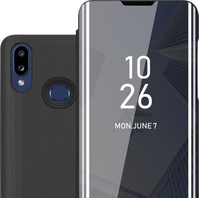 Cadorabo Hoesje geschikt voor Samsung Galaxy A10s / M01s in TOERMALIJN ZWART - Clear View Spiegel Beschermende Case met Tribunefunctie 360 Graden Bescherming Book Case Cover Etui