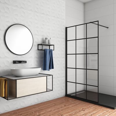 Douchewand-Inloopdouche 120x200cm met mat Zwart kader en raster 8mm NANO EasyClean veiligheidsglas mat zwart profiel N-Form 90cm Stabilisatiestang