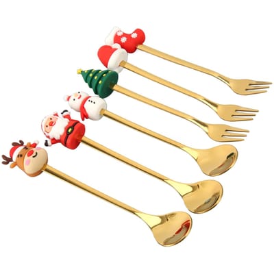 Kinderbestek Kerstontwerp Roestvrij Staal Silicone Lange Handgreep Leuke Dessertlepels met Vorken L(for 6.5-9kg) beige