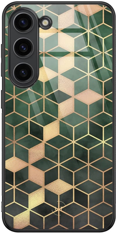 Hoesje geschikt voor Samsung Galaxy S23 - Kubus groen - Luxe Glazen Hardcase - Print / Illustratie - Groen