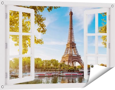 Gards Tuinposter Doorkijk Eiffeltoren in Parijs aan het Water - 90x60 cm - Tuindoek - Tuindecoratie - Wanddecoratie buiten - Tuinschilderij