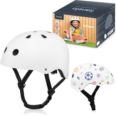 Lionelo Helmet Fietshelm voor kinderen - Maat 50-56cm - 20x23cm - S - Intertek Certificering - ABS & EPS Materialen - Verstelbare Pasvorm - 11 Ventilatieopeningen - Extra Kinbeschermer - Personaliseerbaar met Krijt en Stiften - EN1078 Gecertificeerd