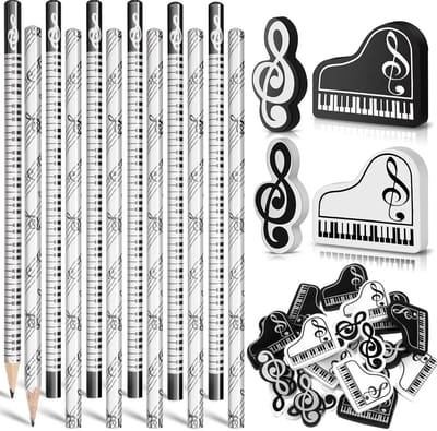 Muziekpotloden Set - Notenpotloden Gummen - Schrijven Muziek - Thema Muzieknoten - 24 Stuks - Zwart Wit
