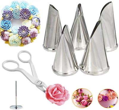 QTTVBTNA 7-delige Rozen Spuitmondjes Set – RVS Spuitmonden voor Taartdecoratie – Inclusief Bloemspijker & Decoratieschaar – Cupcakes & Bakdecoratie