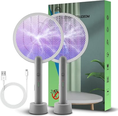 Elektrische vliegenmepper 4000 V insectenverdelger oplaadstation verpakking 2 insectenvliegenmepper 1800 mAh muggenmepper uv-lamp veilig net binnen - grijs