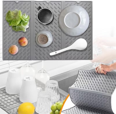Afdruipmat - Afwas Droogmat - Barmat - TENZHVXI® - 60x40 cm - Opvouwbaar, flexibel, antislip - Voor het afdruipen en drogen van borden, bestek en glazen, siliconen - Grijs