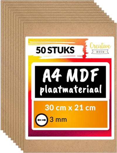 Creative Deco 50 x A4 MDF - Plaat | 300 x 210 x 3 mm | Perfect voor Lasersnijden, CNC - Frezen, Modelleren, Freeswerk, Figuurzagen