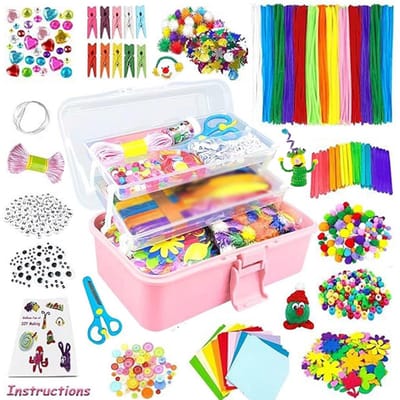 1300+ stuks DIY-knutselset voor kinderen - Koffer met knutselbenodigdheden, inclusief pijpenragers en pompons - Creatief knutselcadeau voor verjaardagen, Kerstmis en Kinderdag - roze