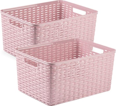 2x stuks rotan gevlochten opbergmand/opbergbox kunststof - Oud roze - 38 x 28 x 19 cm - Kast mandjes