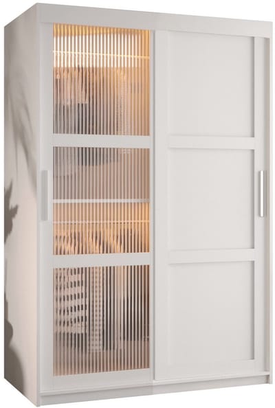 Zweefdeurkast Kledingkast met 2 schuifdeuren glanzen slaapkamerkast Kledingstang met planken Garderobekast met geribbeld glas - ARTON 3 (120 cm, Wit)