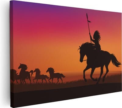 Artaza Canvas Schilderij Paarden Zonsondergang - 30x20 cm - Klein - Muurdecoratie Indiaan - Wanddecoratie Silhouet - Kamer Accessoires Woonkamer