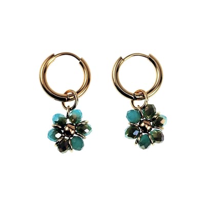 ∅14mm x 2mm Oorringen Dames - Verguld RVS - Turkooisgroen Gefacetteerde Kristallen Bloem Hanger - Bungelende Oorbellen