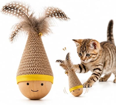 Interactief houten kattenspeeltje set van 2 tuimelend wiebelspeeltje voor binnenkatten en kleine honden - zelfoprichtend met kleurrijke veren.