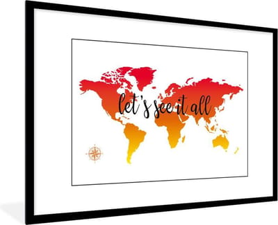 Poster in lijst - Fotolijst 120x80 cm - Posters - Wereldkaart - Zonsondergang - Kompas - Posterlijst zwart - Decoratie - Wanddecoratie woonkamer - Muurdecoratie slaapkamer
