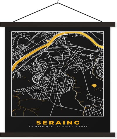 Posterhanger incl. Poster 60x60 cm - Schoolplaat - Plattegrond - Goud - Seraing - Kaart - Stadskaart - Textielposter - Zwarte latten - Stadskaart
