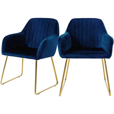 Eetkamerstoel set van 2 met rugleuning en armleuningen Blauwe keukenstoel met microvezel fluwelen bekleding & goudkleurige metalen poten ML design
