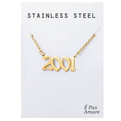 Jaartal 2001 Ketting Goudkleurig - Stainless Steel - Sieraad op Cadeau Kaartje - Jaar Hanger - Pax Amare
