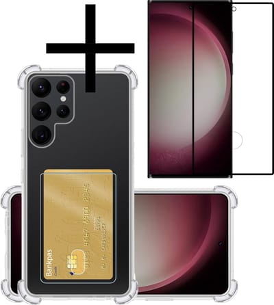 Hoesje - Geschikt voor Samsung Galaxy S23 Ultra - Met Screenprotector - En Pashouder - En Kaarthouder - Telefoon Hoes Shockproof - Siliconen Case - Back Cover - Shock Proof - Pasjes Houder - Transparant