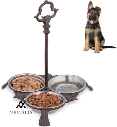 Nevolis voerbak hond katten standaard 3 etensbakjes rvs antiek design buiten donkerbruin 200 ml .
