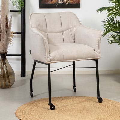 Bronx71® Eetkamerstoel met wieltjes Mace ribstof wit/beige - stoel