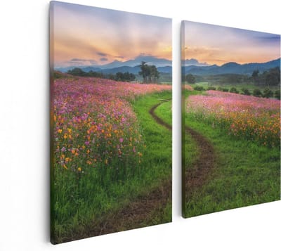 Artaza Canvas Schilderij Tweeluik Kosmos Bloemenveld Met Een Pad - Bloemen - 80x60 cm - Wanddecoratie Woonkamer - Schilderijen - Muurdecoratie