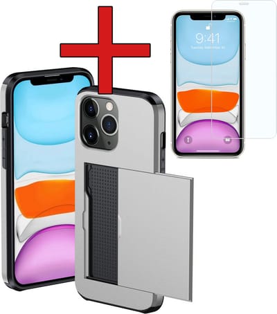 Hoesje Geschikt voor iPhone 11 Pro Hoesje Met Pasjeshouder Hard Case Met Kaarthouder Met Screenprotector - Hoes Geschikt voor iPhone 11 Pro Hoesje Pashouder Case - Grijs
